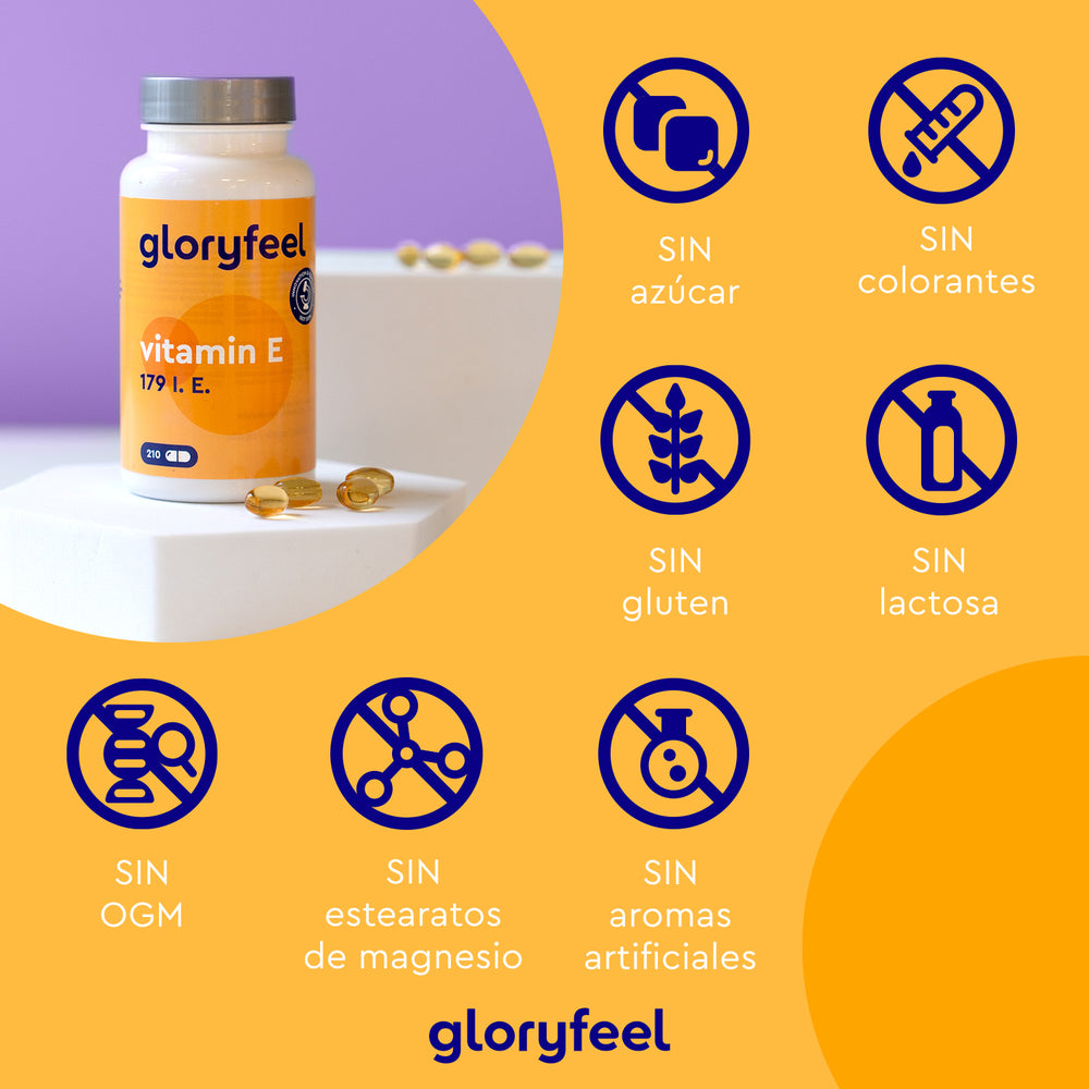 El frasco de vitamina E de 179 UI de GloryFeel GmbH Spain se presenta elegantemente entre pastillas brillantes, resaltadas con iconos que representan sus propiedades: sin azúcar, colorantes, gluten, lactosa, OMG ni estearatos de magnesio. Rico en antioxidantes como los tocoferoles, para un auténtico impulso de bienestar.