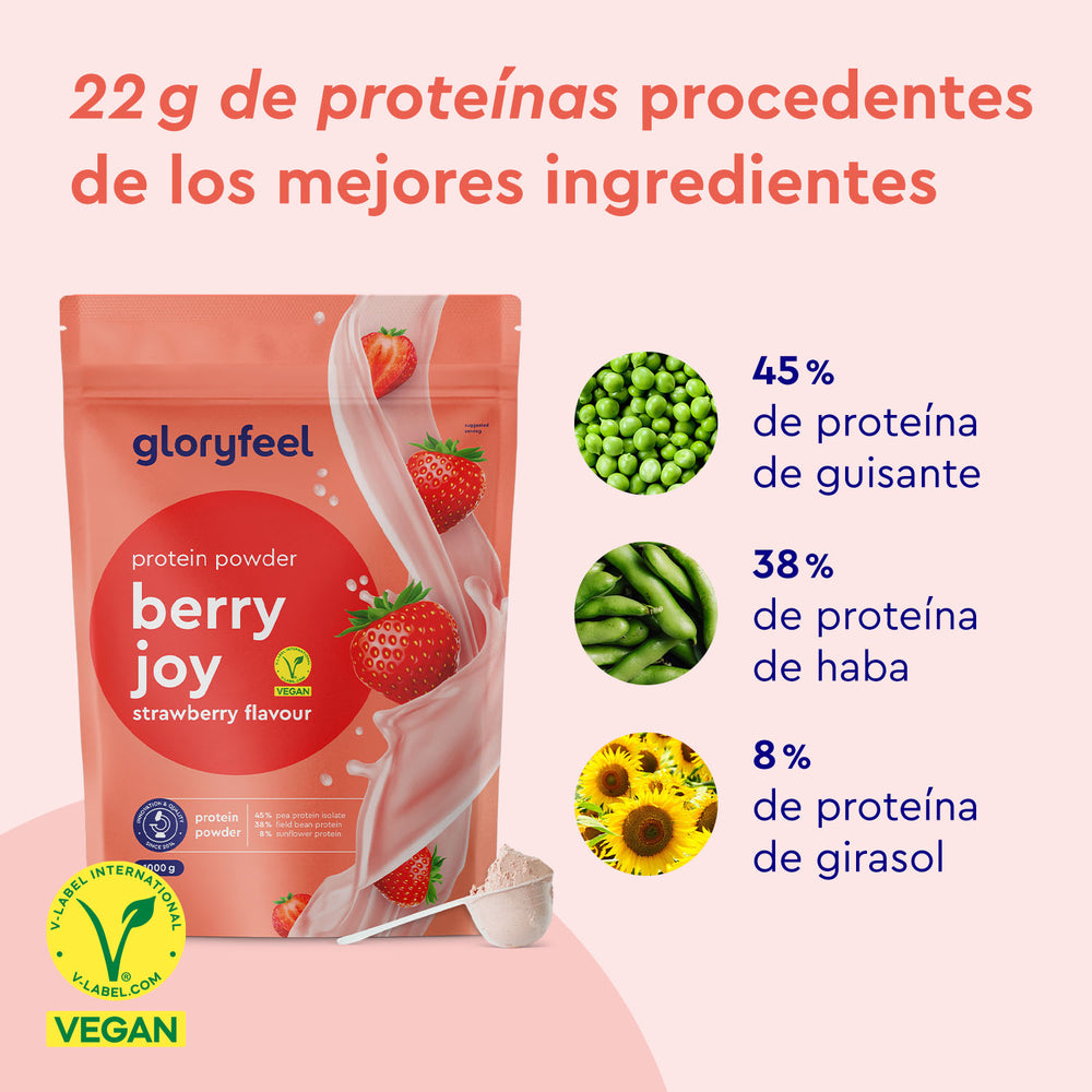 La &quot;Proteína Berry Joy - Sabor de fresa&quot; de gloryfeel GmbH España presenta gráficos de fresa y está etiquetada como vegana. Contiene un 45 % de proteína de guisante, un 38 % de proteína de judía y un 8 % de proteína de girasol.