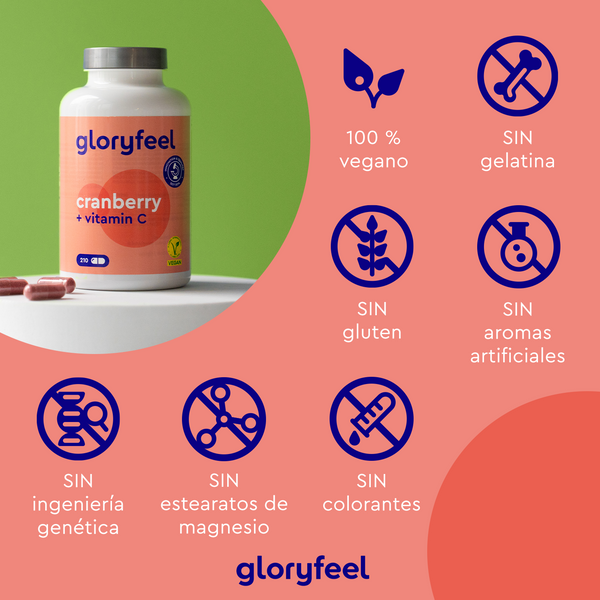 El frasco del suplemento Arándano Rojo + Vitamina C está sobre una mesa, mostrando iconos con beneficios veganos, sin gluten y sin gelatina. Ideal para apoyar la salud urinaria, sin saborizantes artificiales, OGM, estearato de magnesio ni colorantes. De Gloryfeel GmbH.