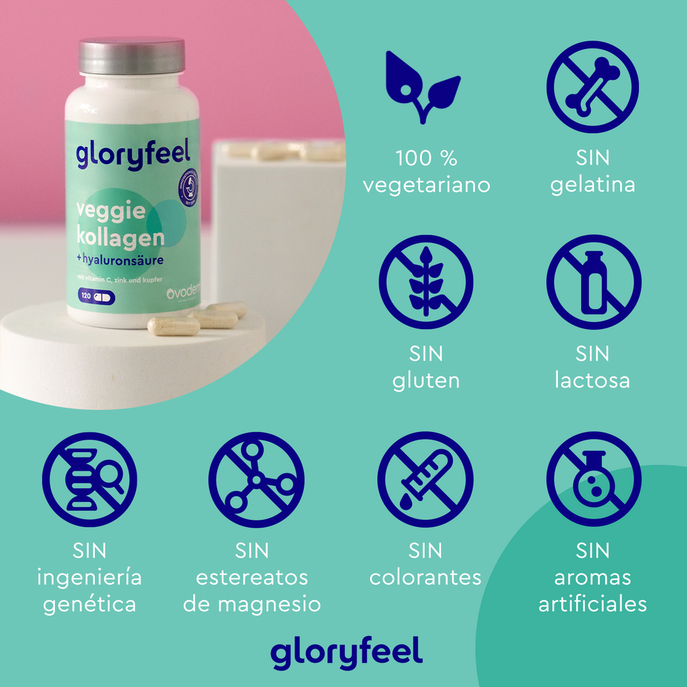Sobre la mesa hay una botella de Colágeno Vegetariano de Gloryfeel GmbH que muestra iconos de ingredientes de alta calidad: colágeno 100% vegetariano, libre de gelatina, gluten, lactosa, ingeniería genética, estearatos de magnesio, colorantes y aromas artificiales.