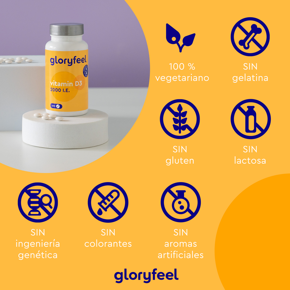Sobre una mesa se encuentra un frasco de vitamina D3 de 2000 UI de GloryFeel GmbH España, diseñado para reforzar el sistema inmunitario y promover huesos y dientes sanos. Icons lo declara 100 % vegetariano, sin gelatina, gluten, lactosa, ingeniería genética, colorantes ni saborizantes artificiales.