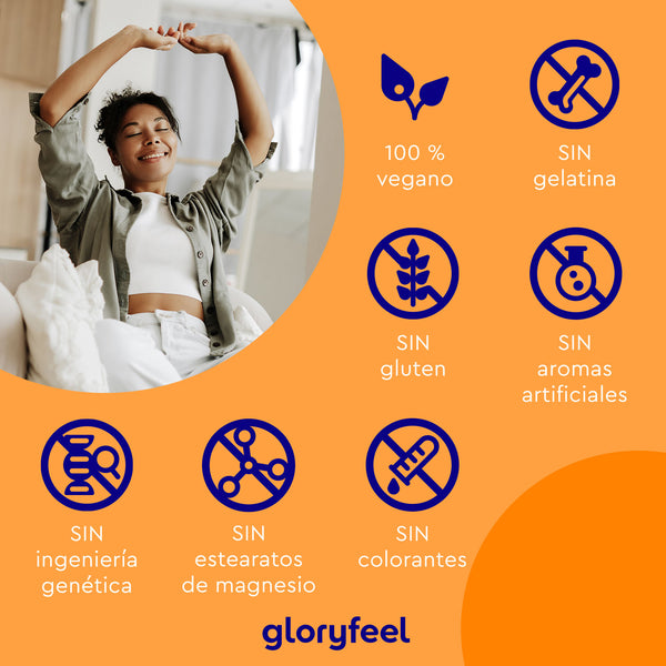 Una mujer se estira en un sofá frente a un fondo naranja con iconos azules que resaltan los beneficios de la Ashwagandha ecológica en cápsulas de GloryFeel: 100 % vegana, libre de gelatina, gluten, sabores artificiales y OMG. Está enriquecida con Ashwagandha y cumple con los estándares de pureza de la agricultura ecológica.