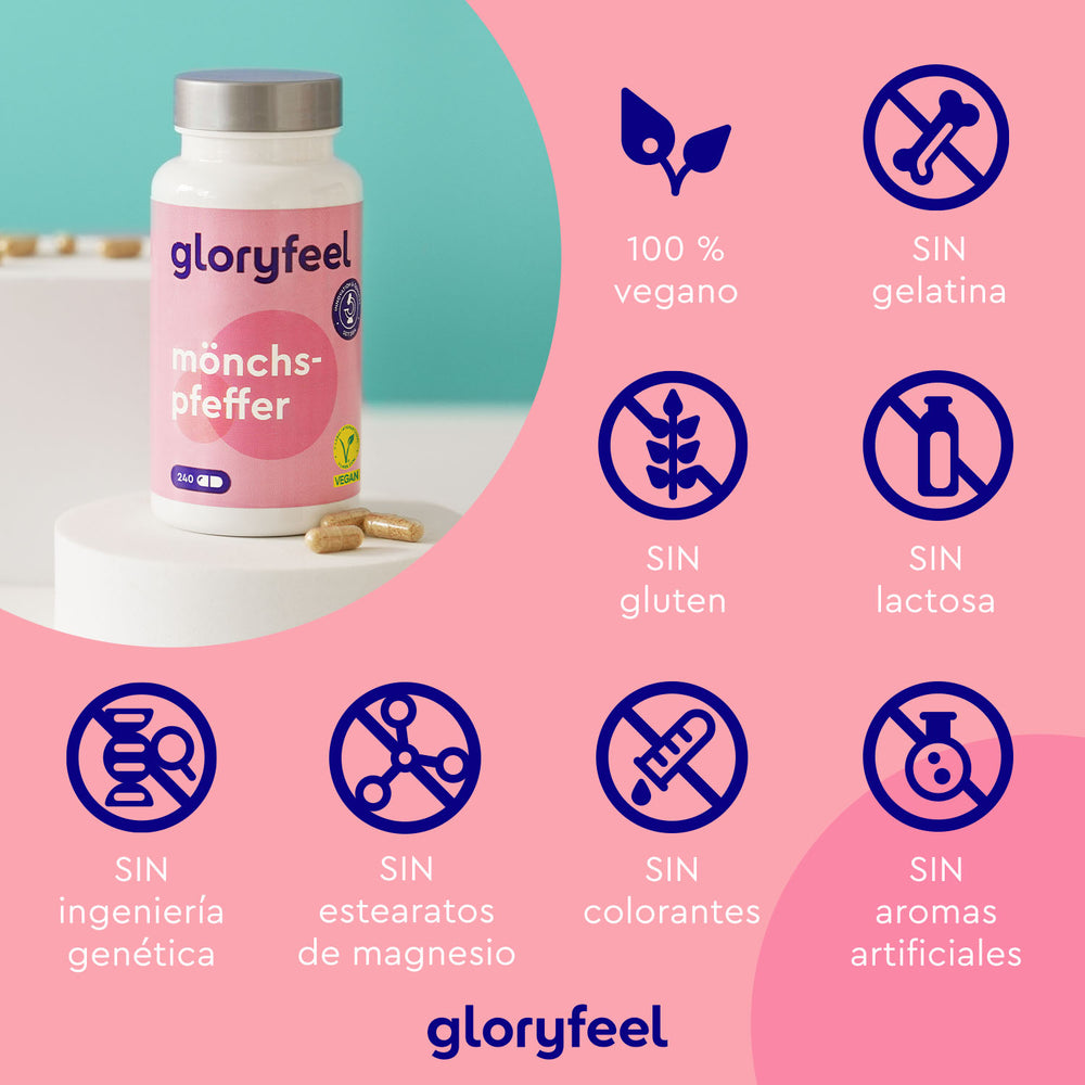 Imagen de una botella de &quot;Sauzgatillo en cápsulas&quot; de GloryFeel GmbH España, con iconos que indican que es 100 % vegano y libre de gelatina, gluten, lactosa, OMG, estearato de magnesio, colorantes y aromas artificiales. Contiene Vitex agnus-castus para el equilibrio hormonal femenino.