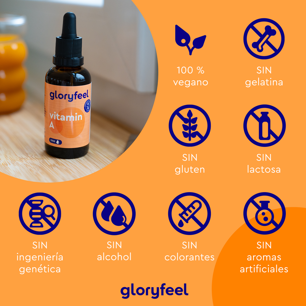 Sobre una mesa hay un frasco de Vitamina A en gotas de GloryFeel GmbH España. Los iconos indican que es vegano y no contiene gelatina, gluten, lactosa ni aditivos artificiales. Incluye palmitato de retinilo añadido para obtener mayores beneficios sin ingeniería genética ni colorantes.