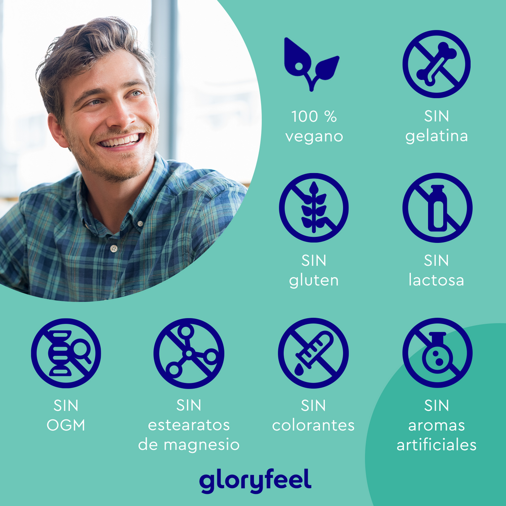 A la izquierda, un hombre sonríe, mientras que a la derecha se destacan las características del producto: Selenio 100 mcg - 365 Tabletas de GloryFeel GmbH España. Es 100 % vegano y no contiene gelatina, gluten, lactosa, OMG, estearatos de magnesio, colorantes ni aromas artificiales. Enriquecido con selenio para fortalecer el sistema inmunitario. Logotipo en la parte inferior.
