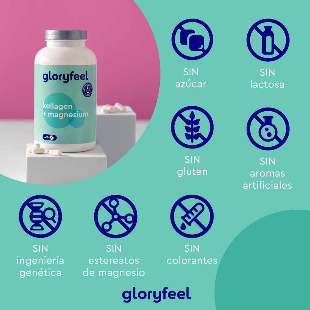 Una botella con la etiqueta &quot;Colágeno con magnesio - 450 Tabletas&quot; de GloryFeel GmbH España se encuentra sobre una superficie, rodeada de iconos que indican que no contiene azúcar, lactosa, gluten, saborizantes artificiales, ingeniería genética, estearato de magnesio ni colorantes. Contiene colágeno tipo 1 y magnesio elemental para un bienestar óptimo.