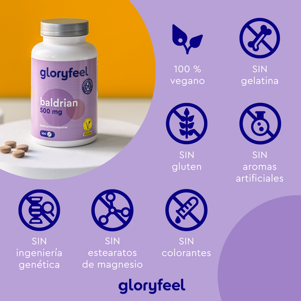 Sobre una mesa hay un frasco de Valeriana en tabletas de Gloryfeel GmbH, con 500 mg de valeriana. Los iconos indican que es vegano y no contiene gelatina, gluten, saborizantes artificiales, OMG, estearato de magnesio ni colorantes. Este suplemento fortalece el sistema nervioso central de forma natural.