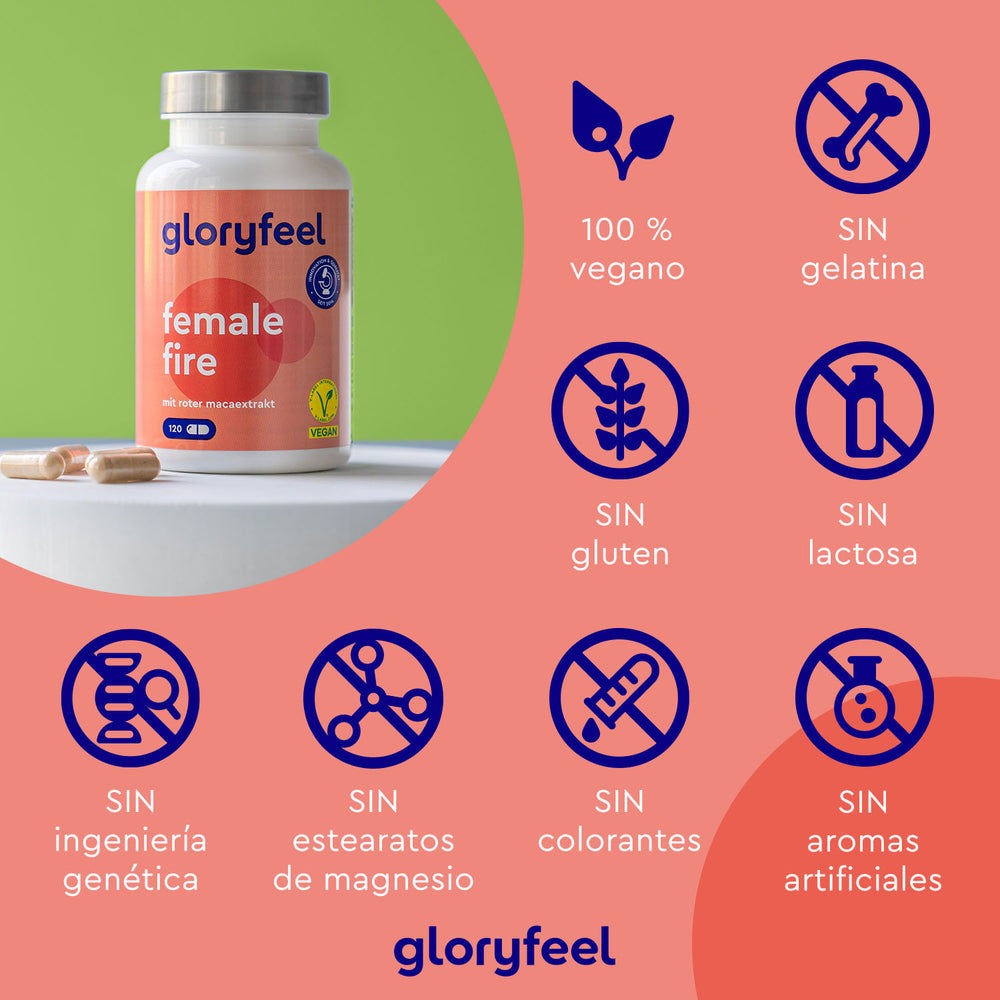Imagen del suplemento «Female Fire: con Maca Roja» de GloryFeel GmbH España sobre una mesa. Características destacadas: 100 % vegano, sin gelatina, gluten, lactosa, ingeniería genética, estearatos de magnesio, colorantes ni aromas artificiales.