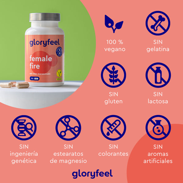 Imagen del suplemento «Female Fire: con Maca Roja» de GloryFeel GmbH España sobre una mesa. Características destacadas: 100 % vegano, sin gelatina, gluten, lactosa, ingeniería genética, estearatos de magnesio, colorantes ni aromas artificiales.