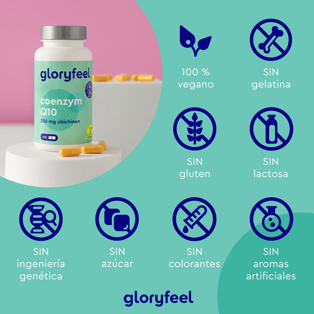 Experimente la pureza de la coenzima Q10 de GloryFeel con cápsulas 100 % veganas. Libre de gelatina, gluten, lactosa e ingredientes artificiales, este suplemento alimenticio está elaborado sin ingeniería genética, azúcar ni colorantes para una salud plena.
