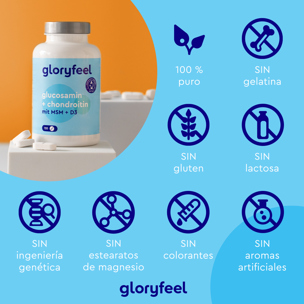 Se muestra el frasco de GloryFeel GmbH España de Glucosamina + Condroitina + MSM + Calcio y D3, destacando sus beneficios: 100 % puro, libre de gelatina, gluten, lactosa, ingeniería genética, estearatos de magnesio, colorantes ni aromas artificiales. Enriquecido con metilsulfonilmetano para mayor soporte.