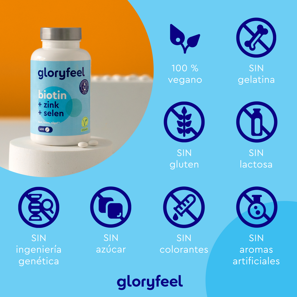 Biotina en tabletas de GloryFeel GmbH España es ideal para la salud del cabello y viene con símbolos que indican que es vegano y libre de gelatina, gluten, lactosa, ingeniería genética, azúcar, colorantes y sabores artificiales, perfecto para quienes buscan suplementos alimenticios.