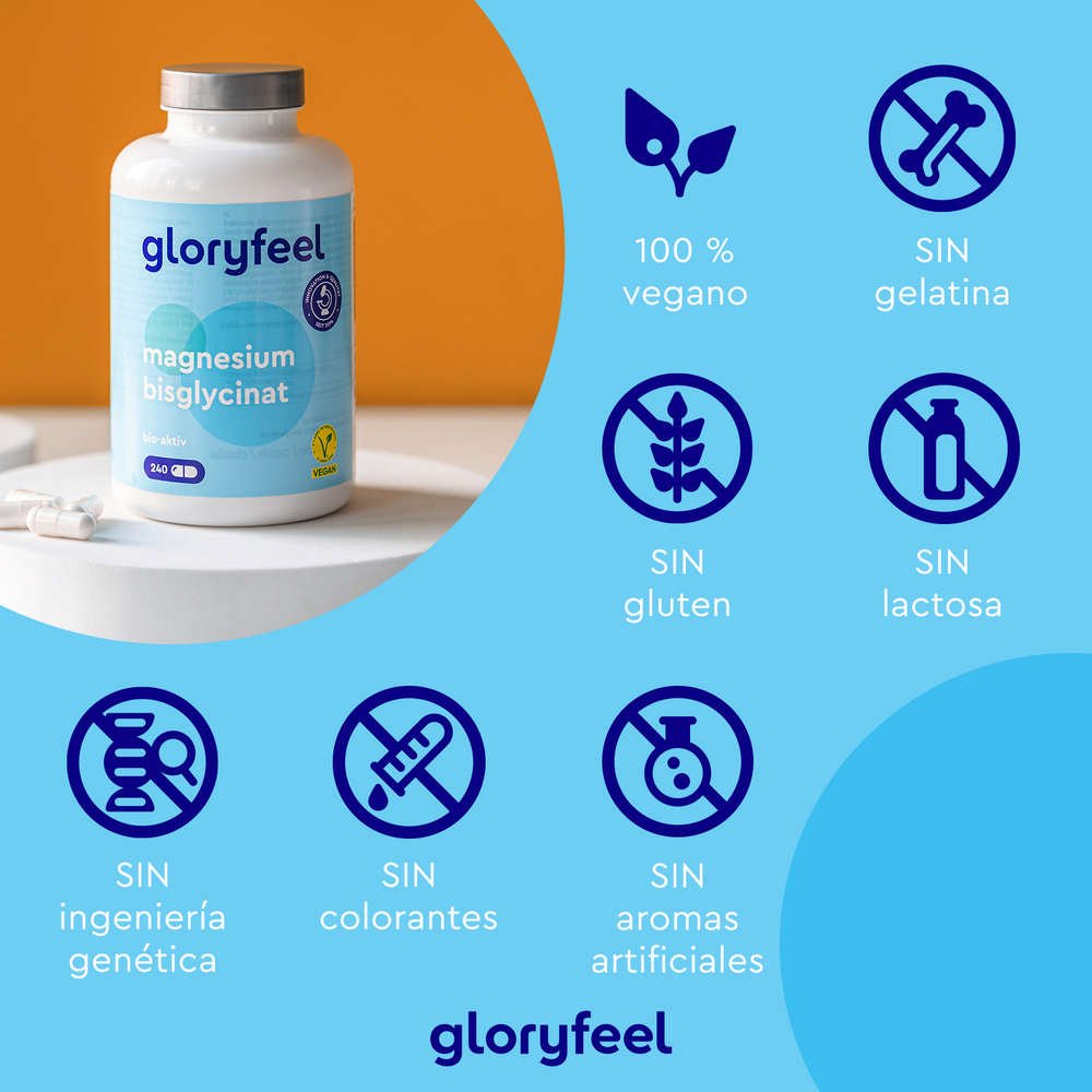 Imagen de una botella de Bisglicinato de Magnesio de GloryFeel GmbH España con iconos que destacan su fórmula vegana y alta biodisponibilidad, lo que favorece el sistema nervioso. No contiene gelatina, gluten, lactosa, OMG, colorantes ni aromas artificiales.