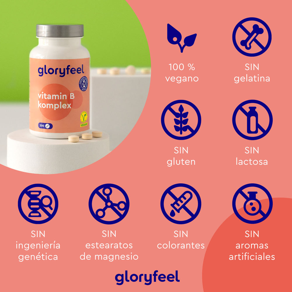 Una botella de GloryFeel GmbH España Vitamina B Complex - Tabletas, un complemento vitamínico para tu bienestar, presenta iconos que indican que es vegano, sin gelatina, sin gluten, sin lactosa, sin OMG y sin estearatos de magnesio, colorantes y sabores artificiales.