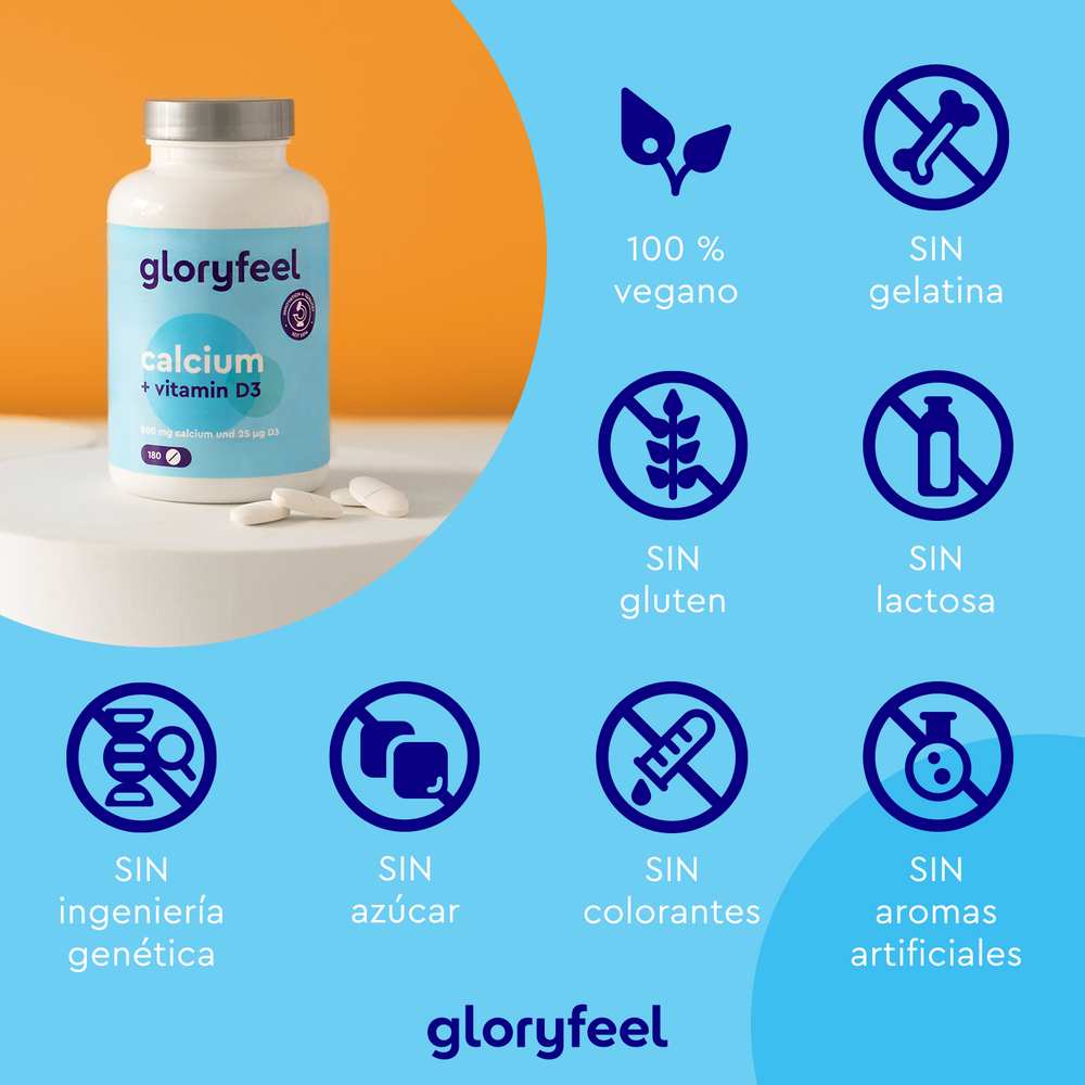 Botella de suplemento Calcio + Vitamina D3 de Gloryfeel GmbH con comprimidos que incluyen calcio y vitamina D3, etiquetado como 100% vegano, libre de gelatina, gluten, lactosa, ingeniería genética, azúcar, colorantes o sabores artificiales.
