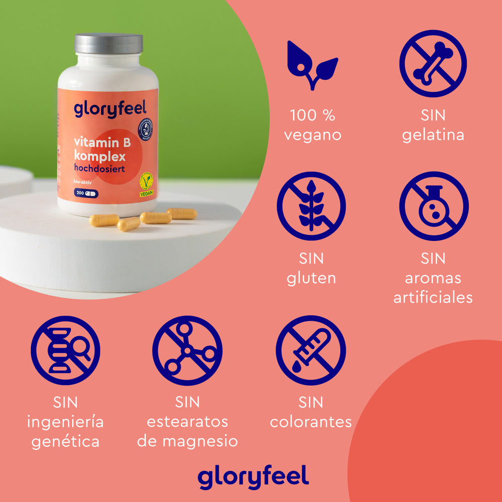 Se muestra un frasco de Vitamina B Complex Forte de GloryFeel GmbH España. Vegano y sin gelatina, gluten, saborizantes artificiales ni OMG, está enriquecido con vitamina B para favorecer el metabolismo y antioxidantes para una buena salud.
