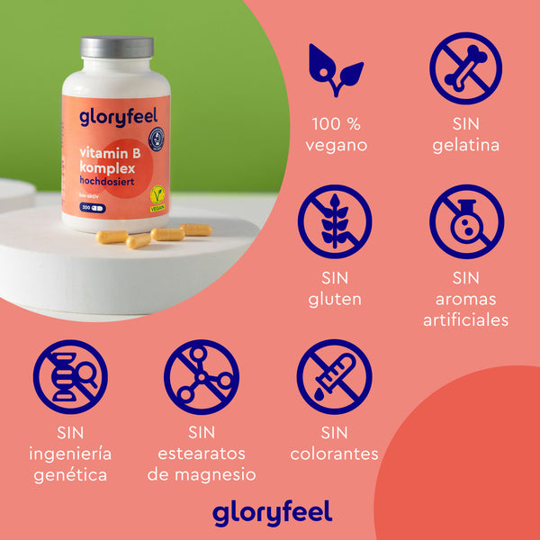 Se muestra un frasco de Vitamina B Complex Forte de GloryFeel GmbH España. Vegano y sin gelatina, gluten, saborizantes artificiales ni OMG, está enriquecido con vitamina B para favorecer el metabolismo y antioxidantes para una buena salud.