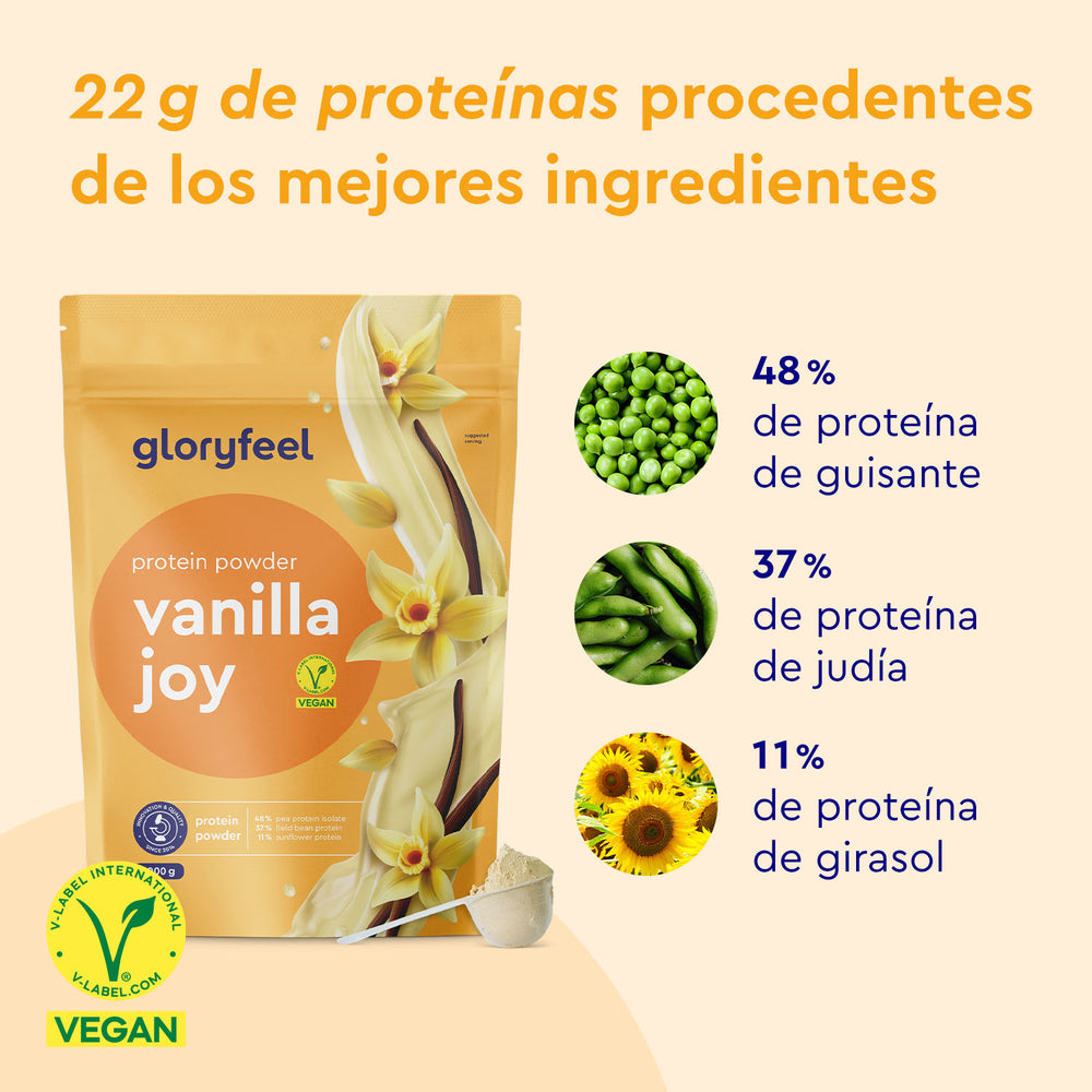 Proteina Vanilla Joy de gloryfeel GmbH España es una bolsa de proteína en polvo con un 48 % de proteína de guisante, un 37 % de judía y un 11 % de proteína de girasol. Incluye etiqueta vegana e información nutricional.