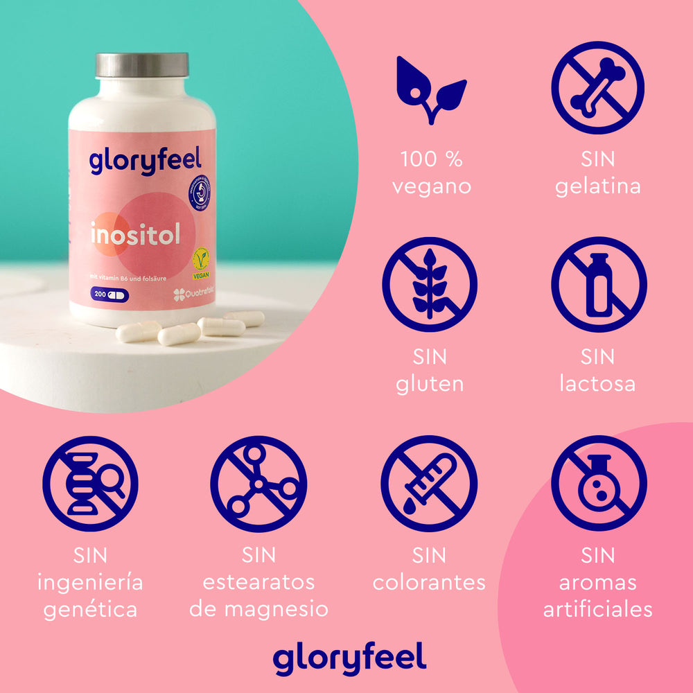 Sobre una mesa se encuentra un frasco de tabletas de inositol de Gloryfeel GmbH, que destacan por su composición vegana y su ausencia de gelatina, gluten y lactosa. Enriquecidas con vitamina B6, están libres de ingeniería genética, estearatos de magnesio, colorantes y saborizantes artificiales.