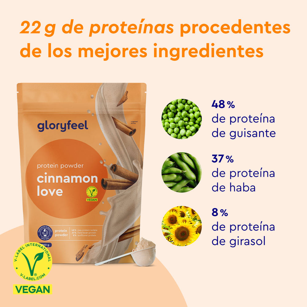 El packaging de Proteina Cinnamon Love de gloryfeel GmbH España indica que es vegano y contiene un 48% de fuentes de proteína de guisantes, un 37% de habas y un 8% de girasol.
