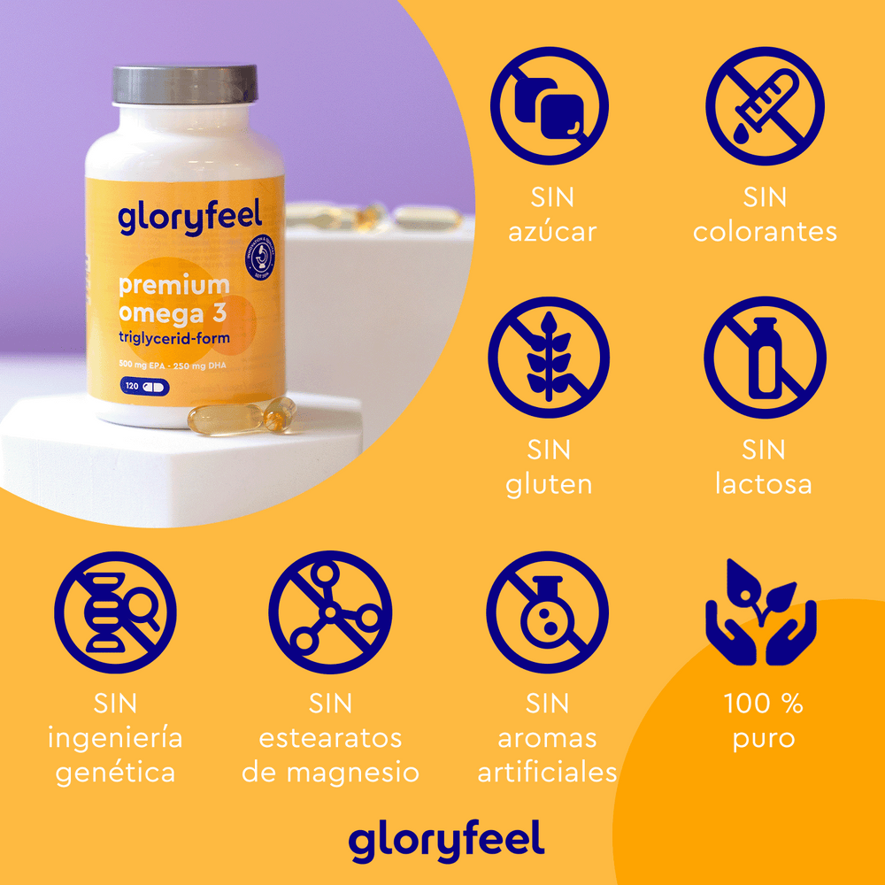 La botella de Omega 3 en forma de triglicéridos de GloryFeel GmbH España destaca su pureza con texto en español e iconos que indican que no contiene azúcar, colorantes, gluten, lactosa ni sabores artificiales. Enriquecida con DHA y EPA, es 100 % pura y libre de OMG y estearatos de magnesio.