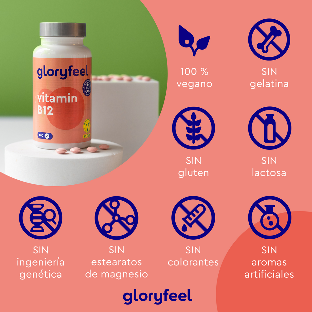 La botella de Vitamina B12 Metilcobalamina de GloryFeel GmbH España es ideal para vegetarianos y veganos, libre de gelatina, gluten, lactosa, ingeniería genética, estearato de magnesio, colorantes y aromas artificiales.