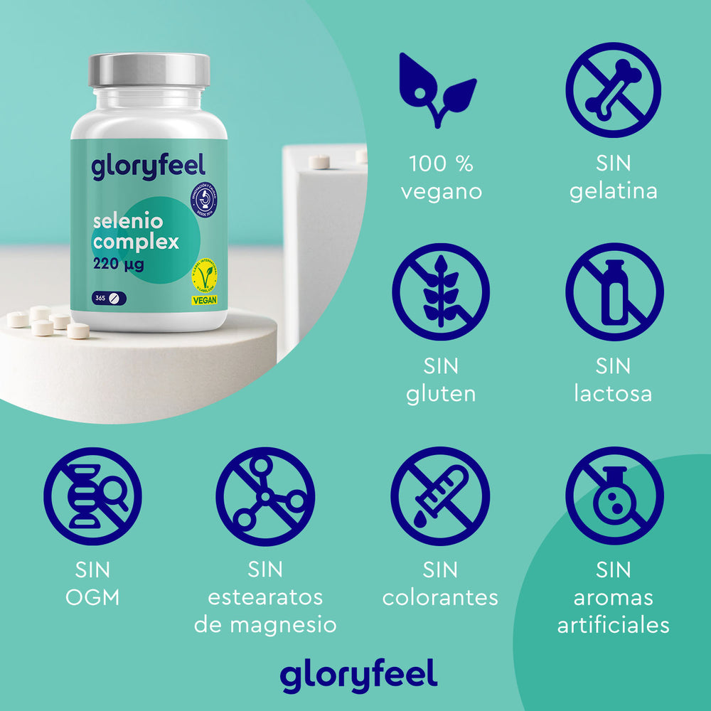Selenio 220 mcg en tabletas de GloryFeel GmbH España presenta una fórmula vegana sin gelatina, gluten, lactosa, OMG, estearato de magnesio, colorantes ni saborizantes artificiales. Este oligoelemento esencial favorece el sistema inmunitario de forma óptima.