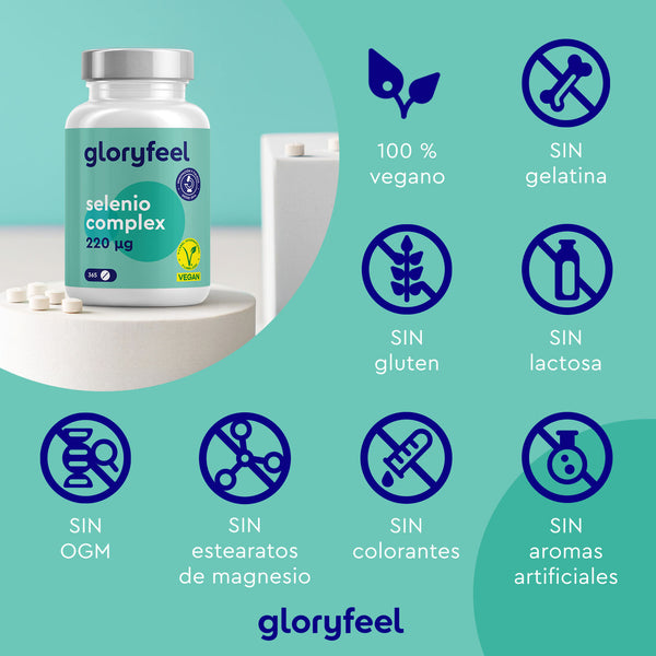 Selenio 220 mcg en tabletas de GloryFeel GmbH España presenta una fórmula vegana sin gelatina, gluten, lactosa, OMG, estearato de magnesio, colorantes ni saborizantes artificiales. Este oligoelemento esencial favorece el sistema inmunitario de forma óptima.