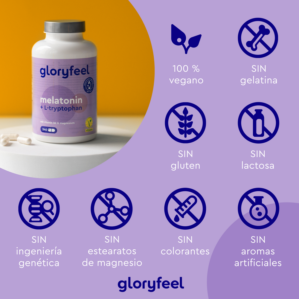 Una botella de Melatonina + Triptofano de GloryFeel se encuentra sobre una superficie, mostrando íconos que resaltan sus credenciales veganas y la ausencia de gelatina, gluten, lactosa, OGM, estearatos de magnesio, colorantes y sabores artificiales.