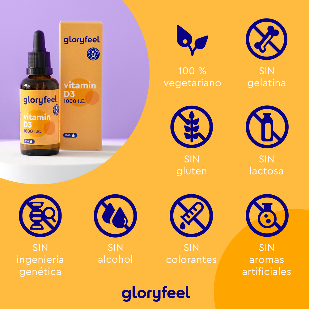 Vitamina D3 en gotas de Gloryfeel GmbH - 1000 U.I. El empaque presenta íconos de 100% vegetariano, SIN gelatina, gluten, lactosa, ingeniería genética, alcohol, colorantes y aromas artificiales. Ideal para apoyar naturalmente su sistema inmunológico y promover la salud ósea.