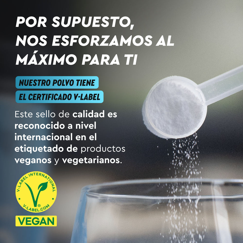 Una cucharada de polvo blanco que se vierte en un vaso resalta el producto vegano y vegetariano certificado V-Label de gloryfeel GmbH España, Creatina en polvo.