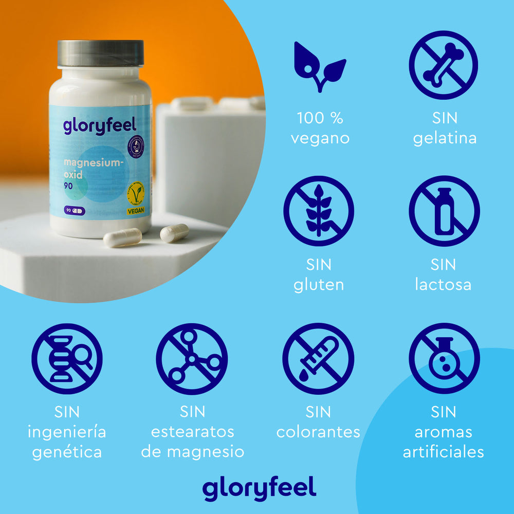 Las Cápsulas Veganas Magnesio 90 de Gloryfeel GmbH cuentan con una etiqueta vegana y no contienen gelatina, gluten, lactosa, OGM, estearato de magnesio, colorantes ni sabores artificiales: ideales para quienes buscan los beneficios del magnesio puro de forma sostenible.