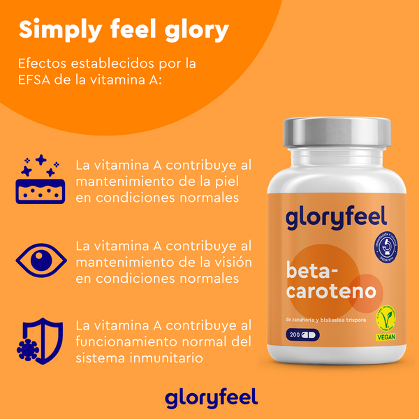 Imagen de Betacaroteno de Gloryfeel GmbH - 200 cápsulas. Destaca los beneficios de la vitamina A para la piel, la vista y el sistema inmunitario. Incluye el símbolo vegano y la aprobación de la EFSA.