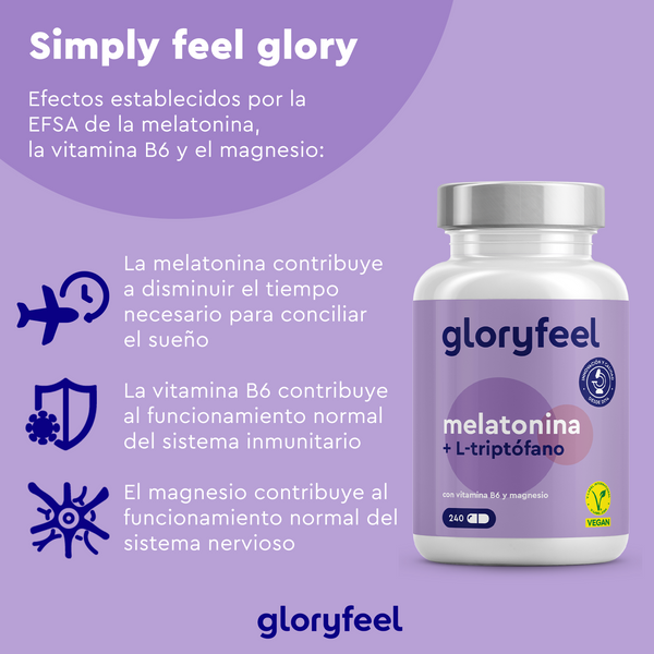 El frasco Melatonina + Triptofano de GloryFeel resalta los beneficios de la melatonina, la vitamina B6 y el magnesio para un mejor sueño, un sistema inmunológico fuerte y un sistema nervioso que funcione bien.