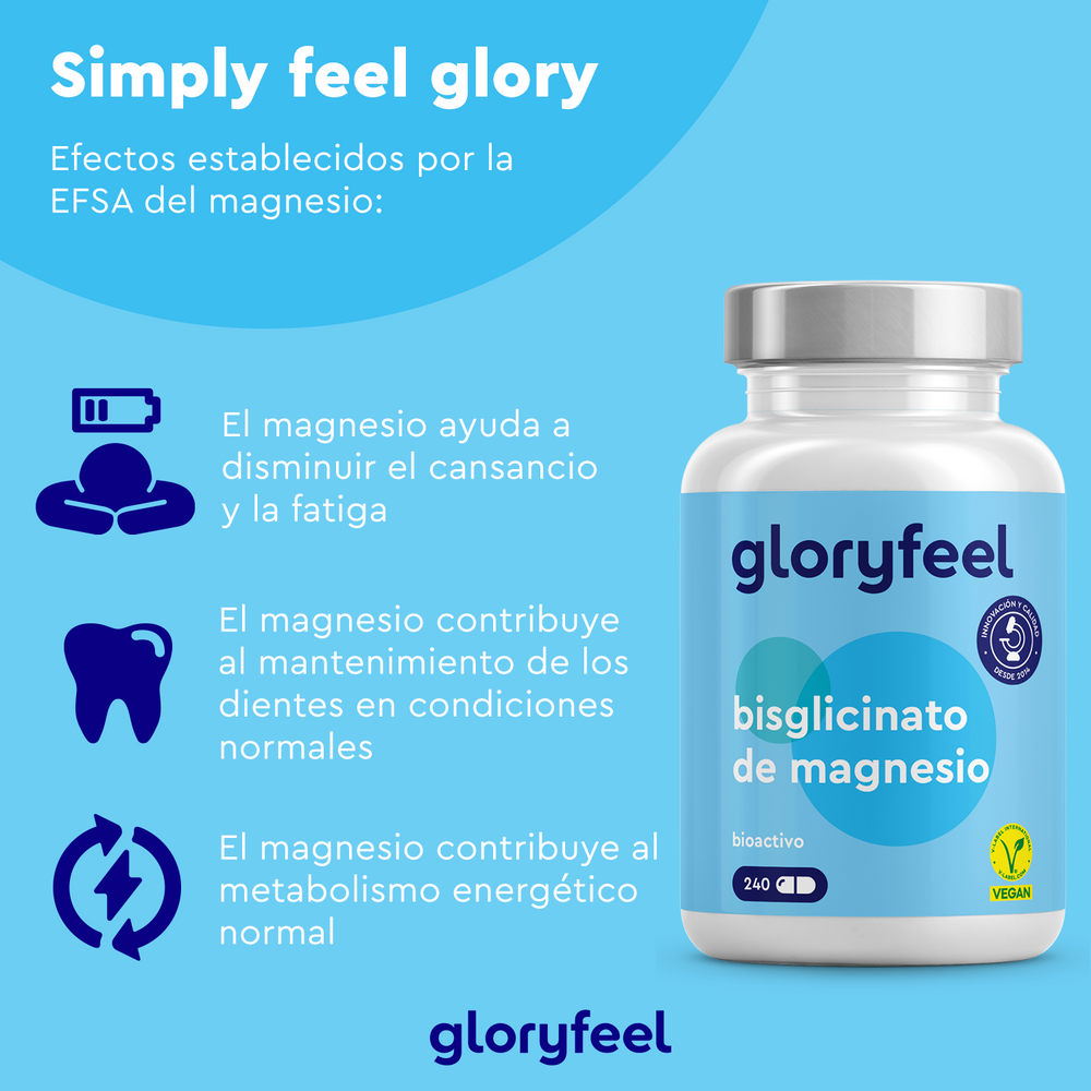 Infografía con una botella de Bisglicinato de Magnesio de GloryFeel GmbH (España), que destaca beneficios como la reducción de la fatiga, el apoyo al metabolismo energético y la alta biodisponibilidad para el funcionamiento normal del sistema nervioso. Incluye el logotipo de certificación vegana.