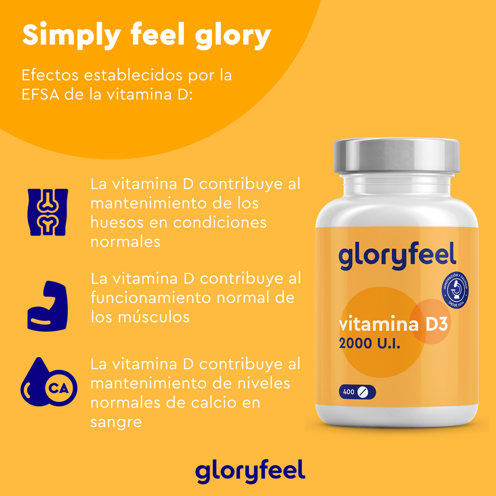 Una vibrante promoción en amarillo de Vitamina D3 2000 UI - 400 Tabletas de GloryFeel GmbH España destaca los beneficios para los huesos y dientes sanos, la función muscular, los niveles de calcio y los efectos sobre el sistema inmunológico establecidos por la EFSA, con atractivas ilustraciones.