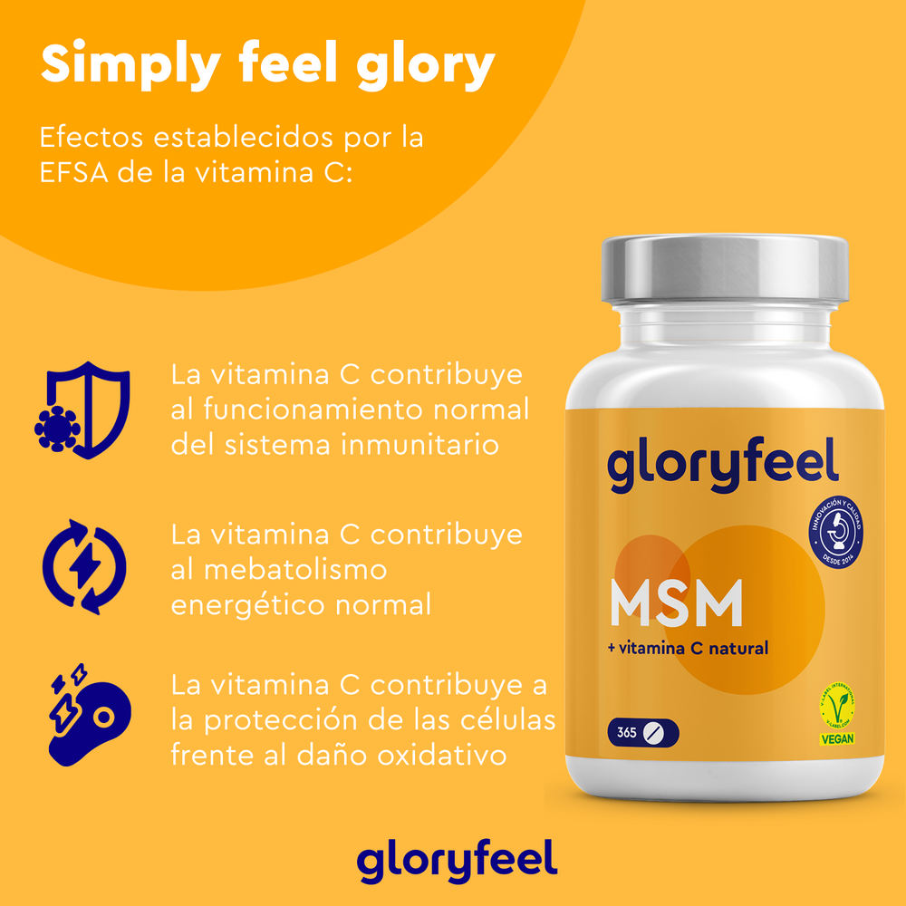 La etiqueta amarilla del producto &quot;GloryFeel MSM en tabletas&quot; destaca los beneficios de la vitamina C y el azufre orgánico, como el refuerzo inmunitario, el metabolismo energético y la protección celular. Incluye un símbolo vegano para destacar sus propiedades que favorecen la producción de colágeno.