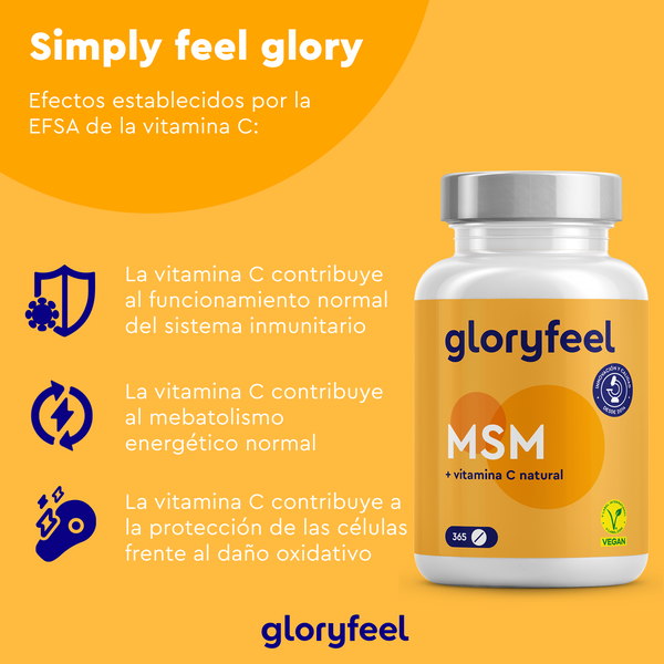 La etiqueta amarilla del producto &quot;GloryFeel MSM en tabletas&quot; destaca los beneficios de la vitamina C y el azufre orgánico, como el refuerzo inmunitario, el metabolismo energético y la protección celular. Incluye un símbolo vegano para destacar sus propiedades que favorecen la producción de colágeno.