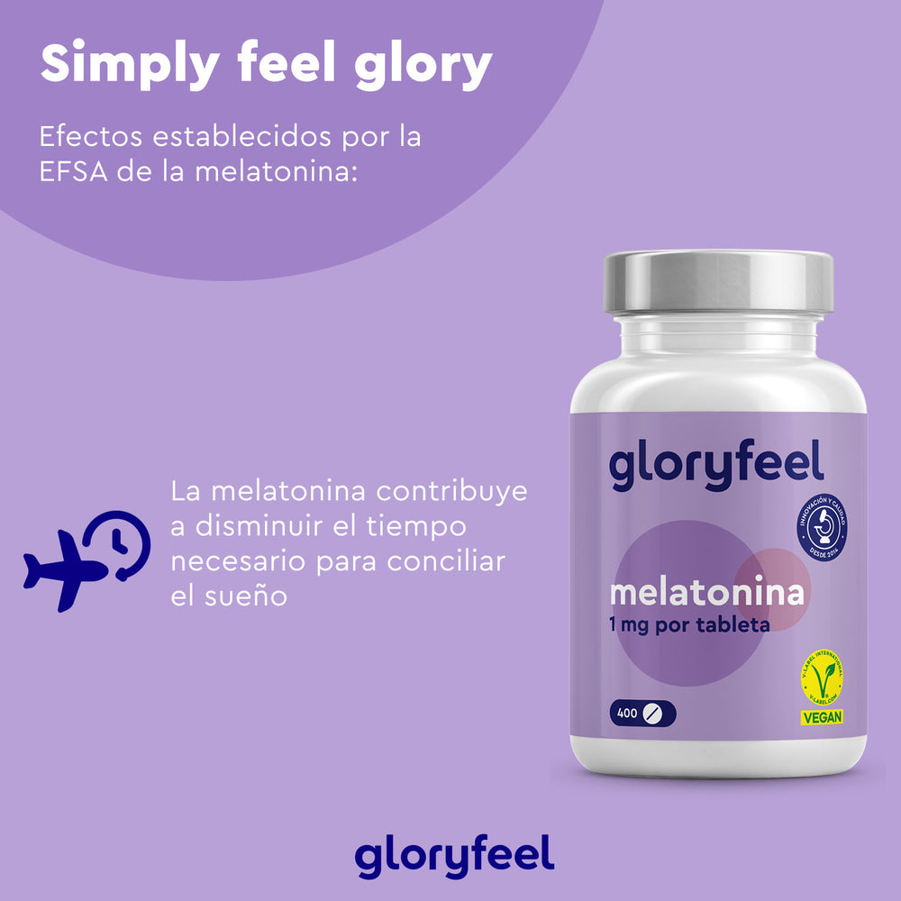 El anuncio morado de Melatonina 400 Tabletas de GloryFeel GmbH (España) incluye texto en español sobre los beneficios para dormir, combatir el insomnio y el jet lag. Incluye etiqueta vegana y una nota de la EFSA para mayor seguridad.