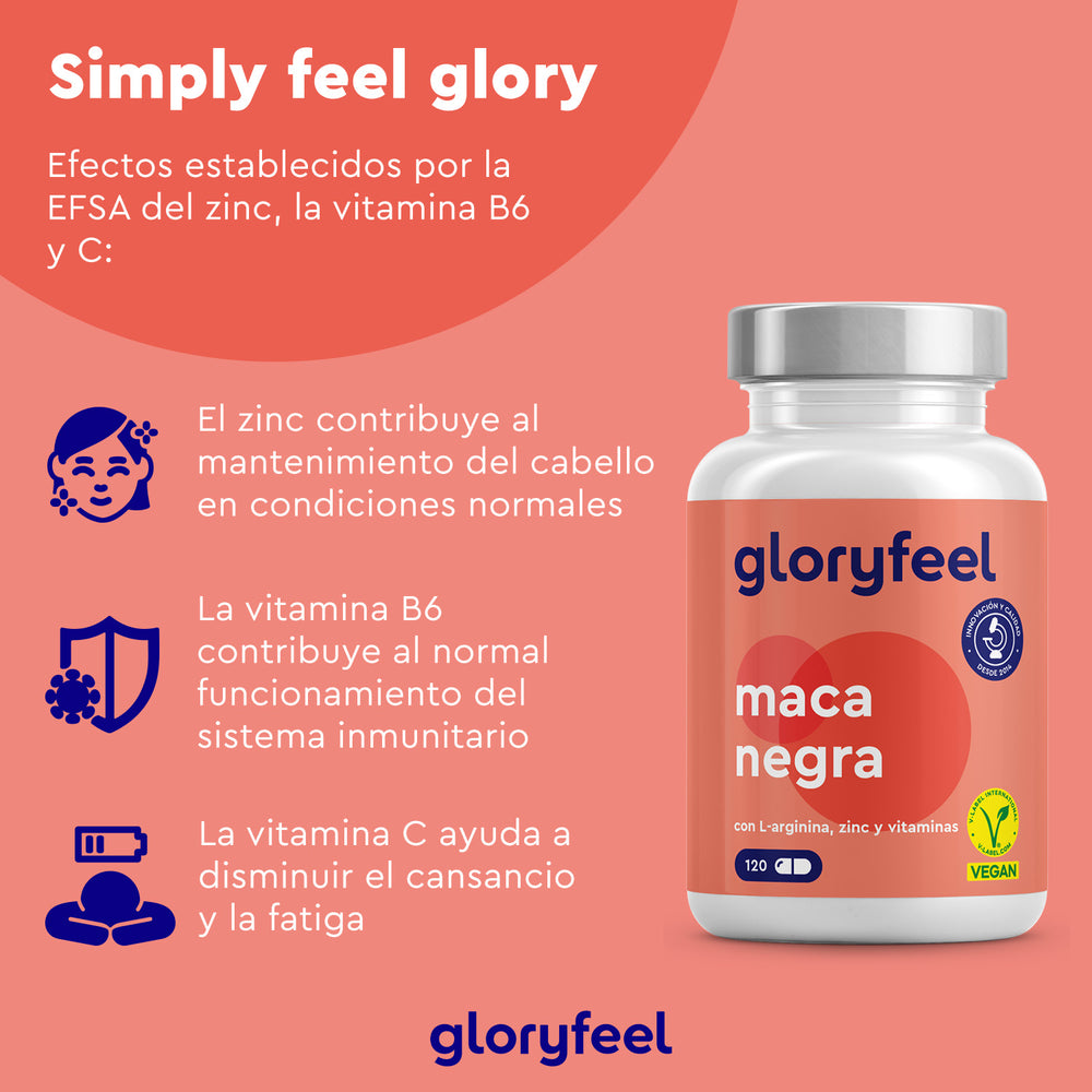 Una botella de &quot;Maca Negra + L-Arginina&quot; de GloryFeel GmbH España muestra los beneficios del zinc, la vitamina B6 y la vitamina C en español sobre un fondo rosa. La certificación vegana y los iconos de las cápsulas resaltan el poder natural de la Maca Negra.