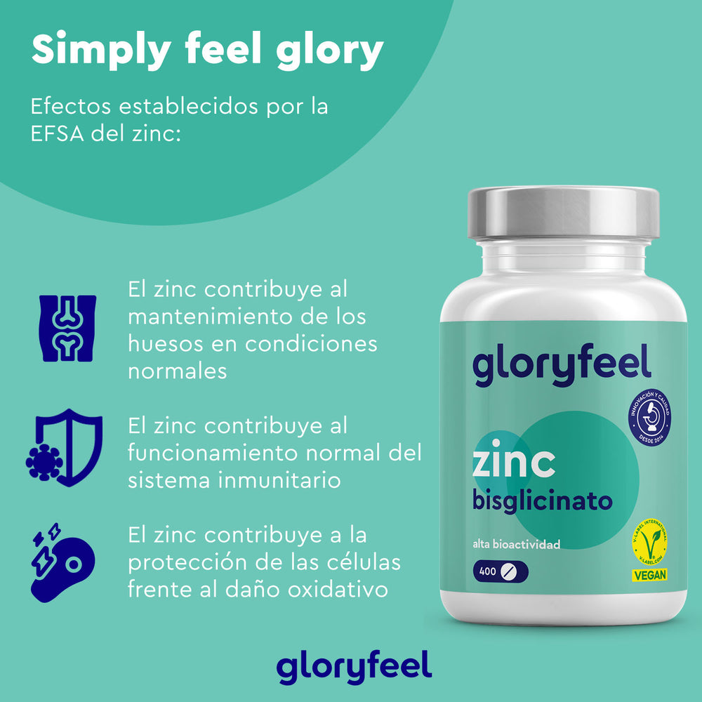 Una botella de Bisglicinato de zinc en tabletas de GloryFeel GmbH favorece el mantenimiento óseo, la salud inmunitaria y la protección celular. Cuenta con la certificación vegana y de la EFSA para garantizar una calidad confiable y una mejora eficaz del metabolismo.