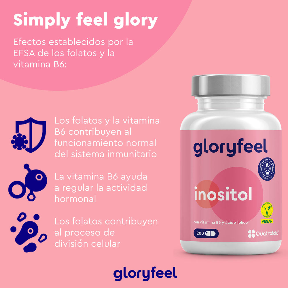 Imagen promocional rosa del suplemento de inositol Gloryfeel GmbH, que muestra los beneficios del inositol, los folatos y la vitamina B6 para la salud inmunitaria y hormonal. Incluye una imagen del envase del producto con certificación vegana.