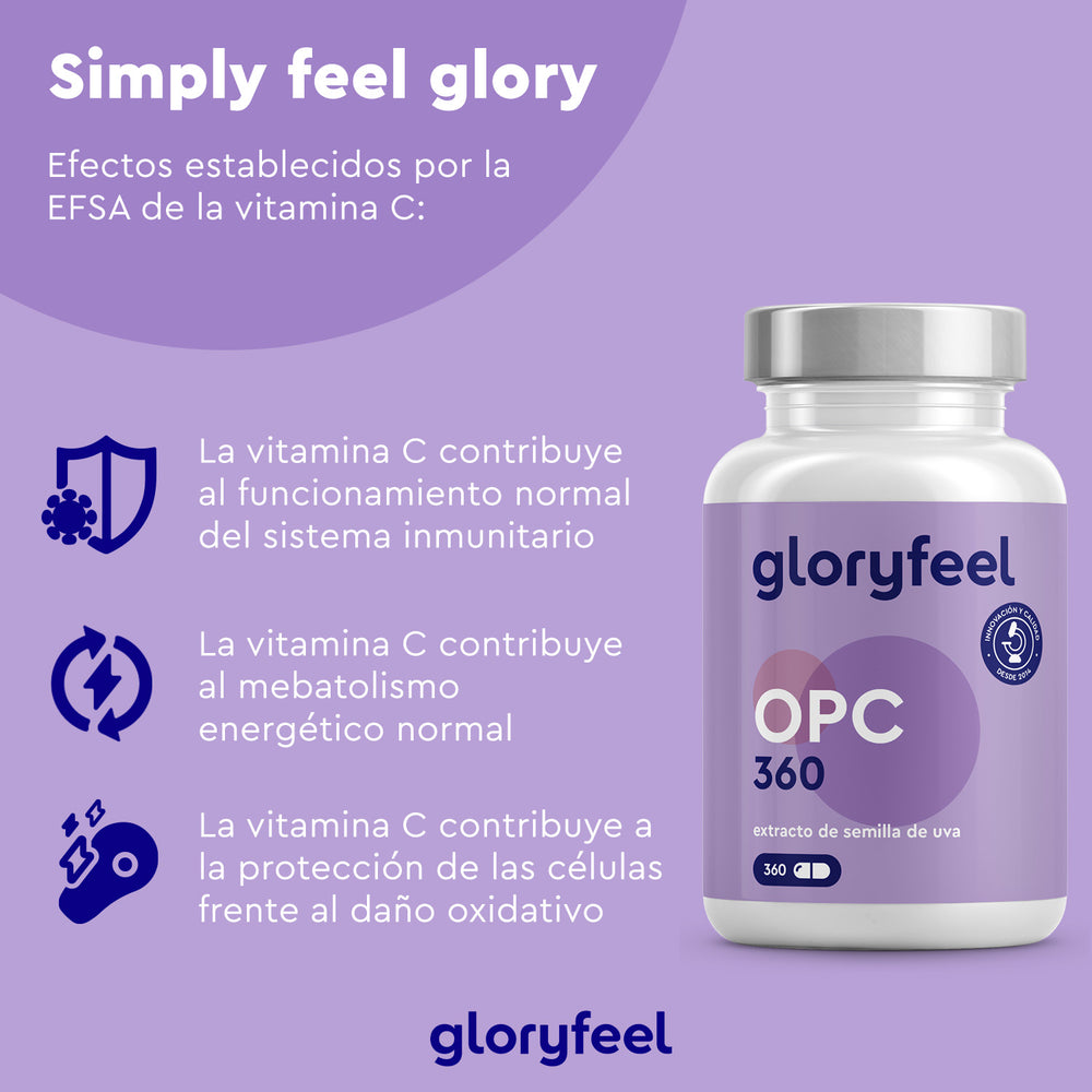 Imagen de un frasco de extracto de semilla de uva OPC de Gloryfeel GmbH (360 cápsulas) con texto en español que destaca los beneficios de la vitamina C, las proantocianidinas oligoméricas y los antioxidantes para la inmunidad, el metabolismo y la protección celular. El fondo es morado y luce la marca Gloryfeel.