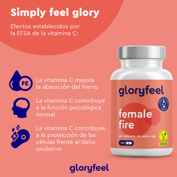 El frasco del suplemento Female Fire: con Maca Roja de GloryFeel GmbH España, etiquetado como vegano, enumera beneficios como una mejor absorción de hierro, una función psicológica mejorada y protección contra el daño oxidativo.