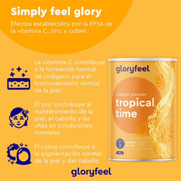 Un bote de 500 g de &quot;Colágeno en polvo - Tropical time&quot; de GloryFeel GmbH España, con sabor a frutas tropicales, contiene hidrolizado de colágeno enriquecido con vitamina C, zinc y cobre para una piel radiante, un cabello hermoso y uñas fuertes.