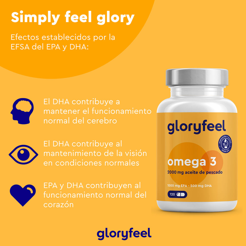 Las cápsulas Omega 3 de Gloryfeel GmbH, con 2000 mg de aceite de pescado, promocionan sus beneficios para la salud cerebral, visual y cardíaca gracias al DHA y al EPA. La etiqueta amarilla destaca su eficacia para controlar los triglicéridos y ofrece un frasco con 120 cápsulas de aceite de pescado.