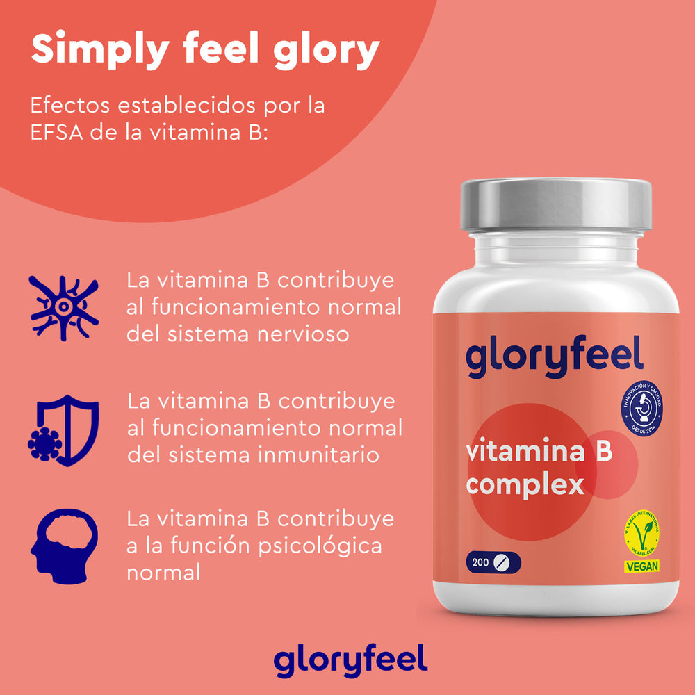 Una botella de Vitamina B Complex - Tabletas de GloryFeel GmbH España se encuentra sobre un fondo rosa, presentando iconos y texto en su etiqueta vegana que resalta los beneficios para el sistema nervioso, el sistema inmunológico, la función psicológica y enfatiza el bienestar.