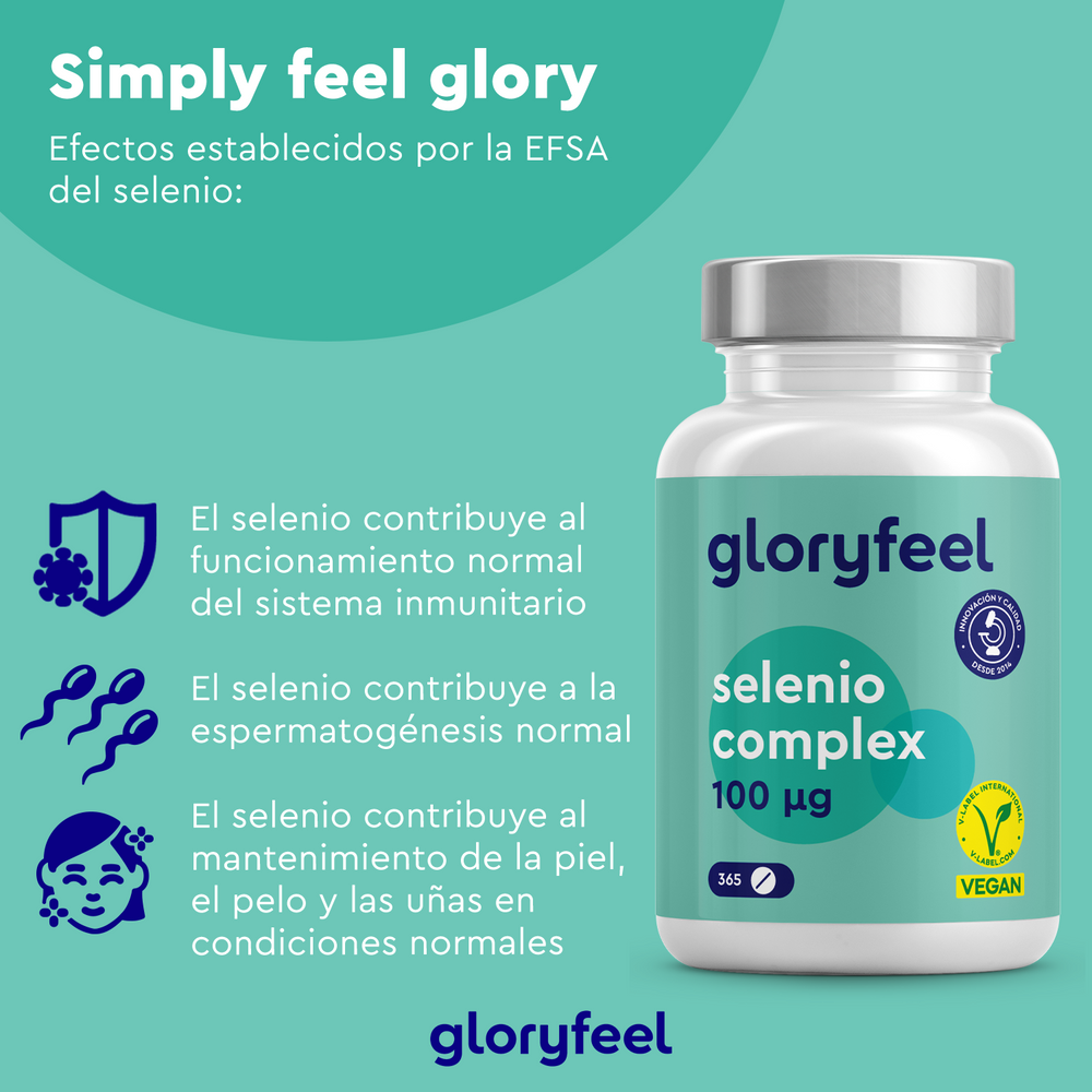 El bote de &quot;Selenio 100 mcg - 365 Tabletas&quot; de GloryFeel GmbH Spain incluye iconos que destacan su apoyo al sistema inmunológico, espermatogénesis y mantenimiento de piel, pelo y uñas. Este oligoelemento esencial es clave en nuestro texto promocional en español.