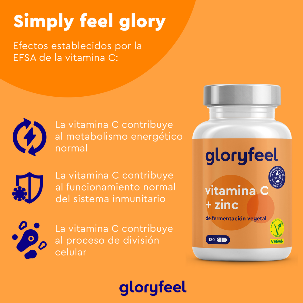 Imagen promocional de Vitamina C y Zinc de gloryfeel GmbH (180 cápsulas), que destaca sus beneficios para el metabolismo, el apoyo inmunitario y la división celular. Contiene citrato de zinc apto para veganos y una fórmula tamponada con vitamina C tamponada.
