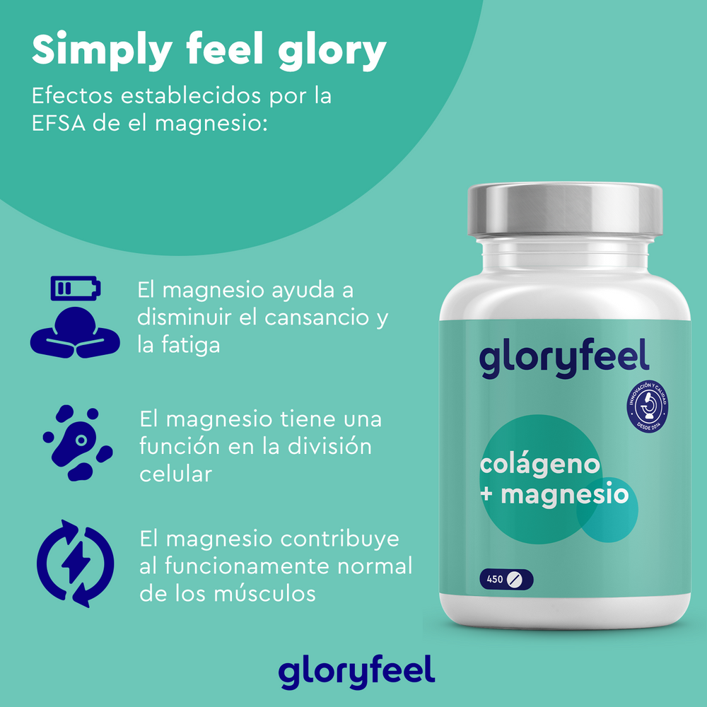 El anuncio turquesa de &quot;Colágeno con magnesio - 450 Tabletas&quot; de GloryFeel GmbH España destaca los beneficios del magnesio elemental para reducir la fatiga, favorecer la división celular y favorecer la función muscular. El anuncio incluye una imagen de la botella con texto en español para mayor claridad y atractivo.
